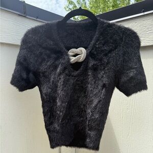Fuzzy Black Short Sleeve Sweater with Rhinestone Knot